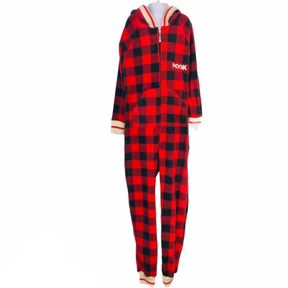 Pook One Piece Pajamas Pjs XXS Red Buffalo Plaid Trap Door Christmas Hooded